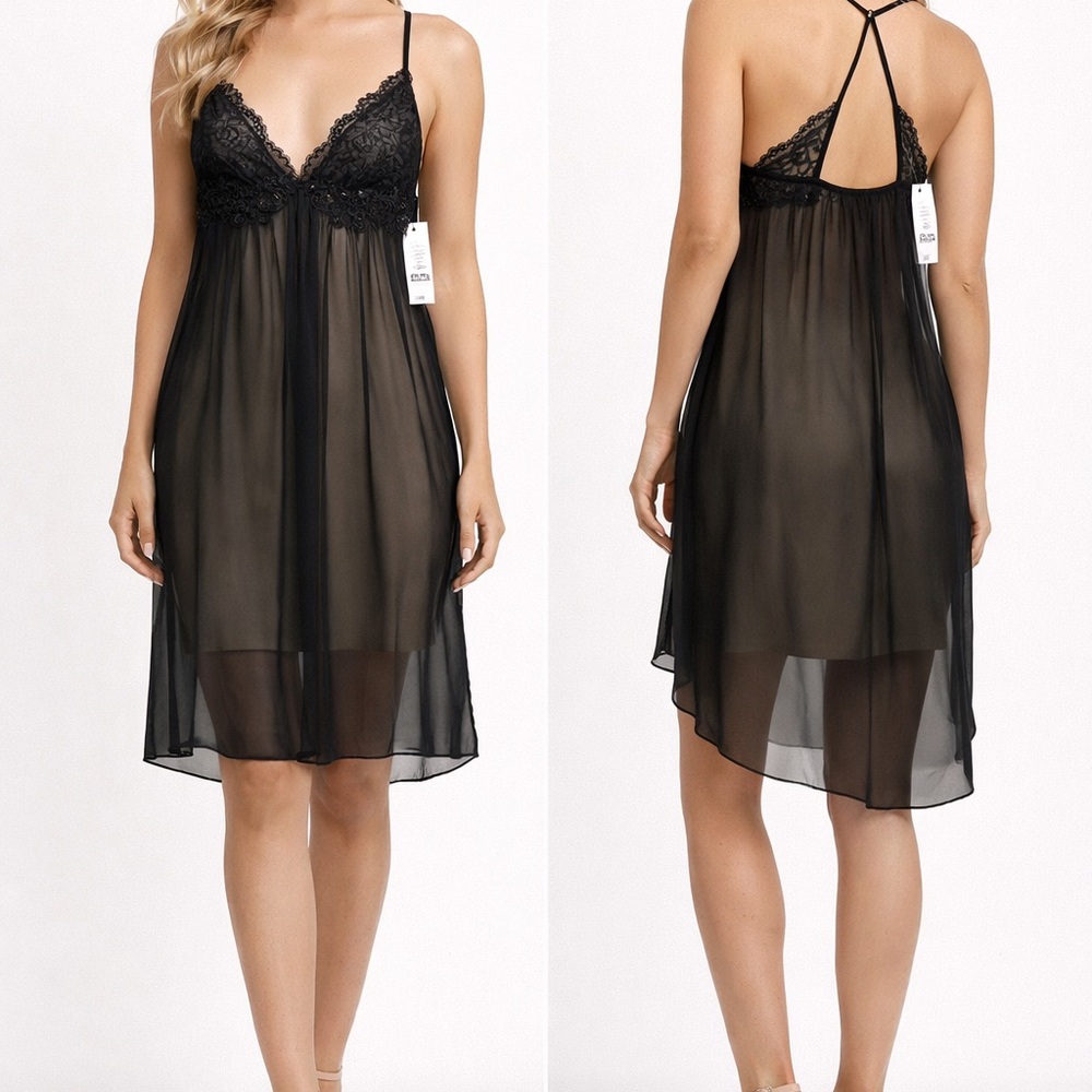 NWT Linea Donatella Sheer Black Lace Chemise S/P